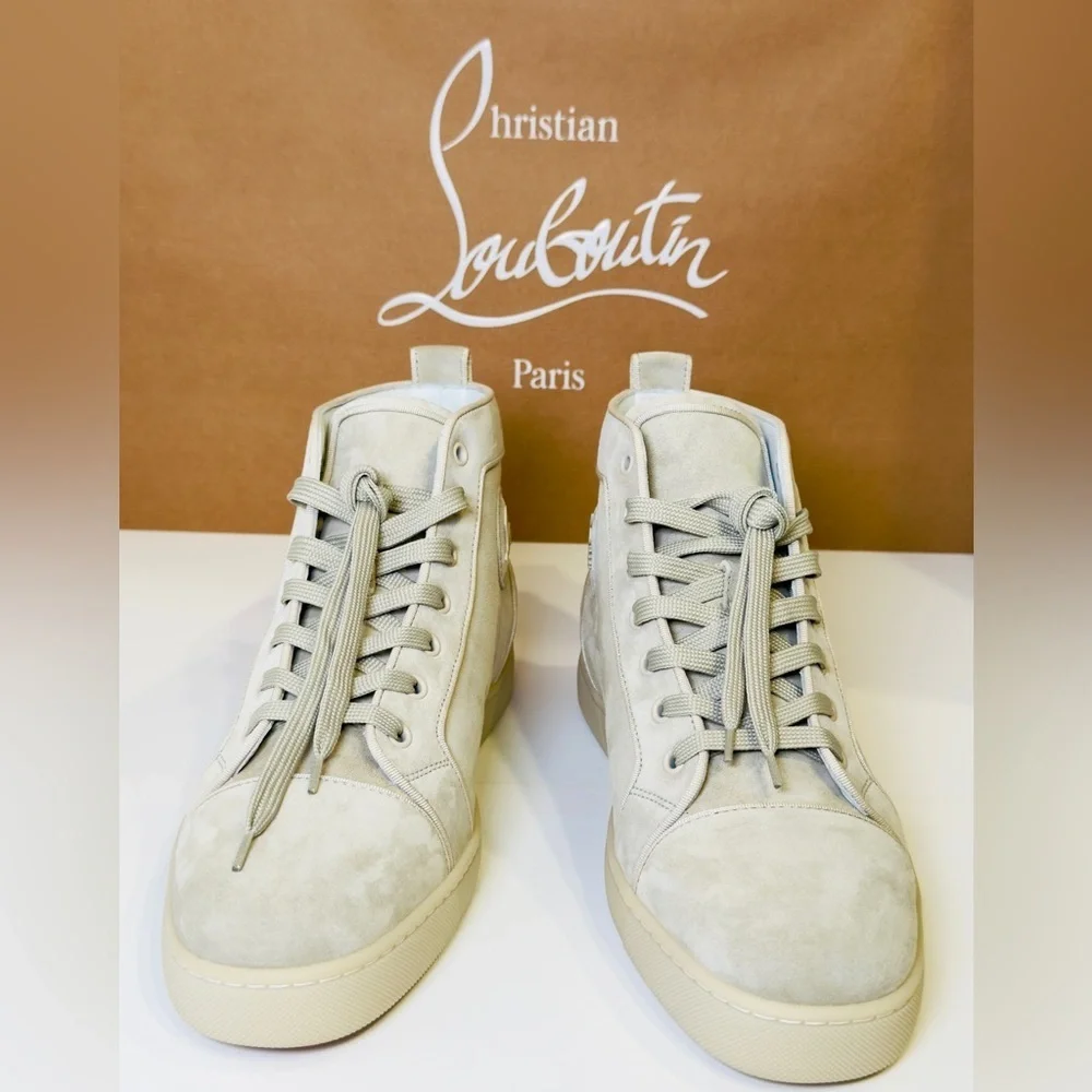 Christian Louboutin Louis Orlato Flat High-Top Sneakers Goose Grey Suede Size 44